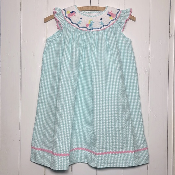 MARMELLATA EUC Seersucker Ric Rac Smocked Sea Horse Dress